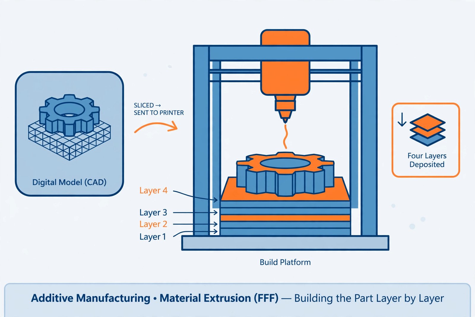 Diagram showing additive manufacturing building an object layer by layer from a digital model
