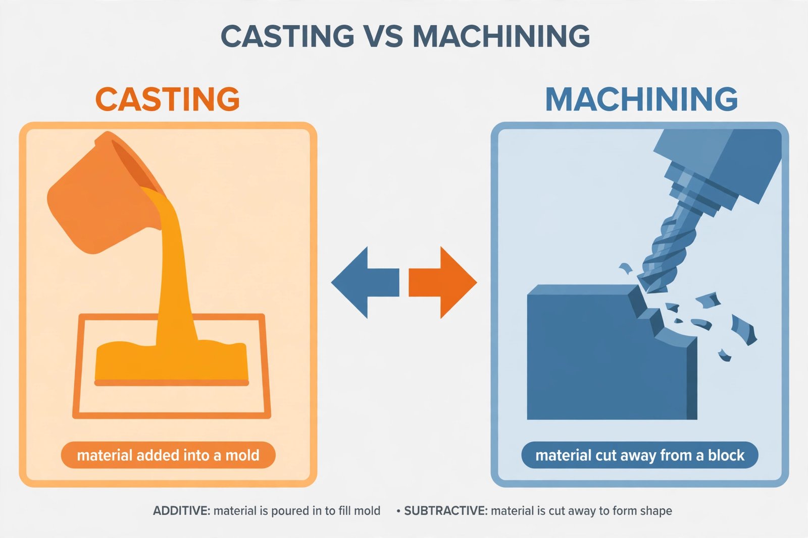 Side-by-side diagram comparing casting, which pours liquid into a mold, with machining, which cuts material away from a solid block