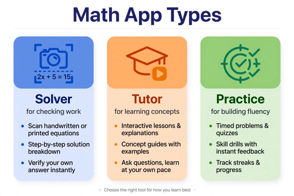 Comparison diagram of math app types: solvers for checking work, tutors for learning concepts, and practice tools for building fluency