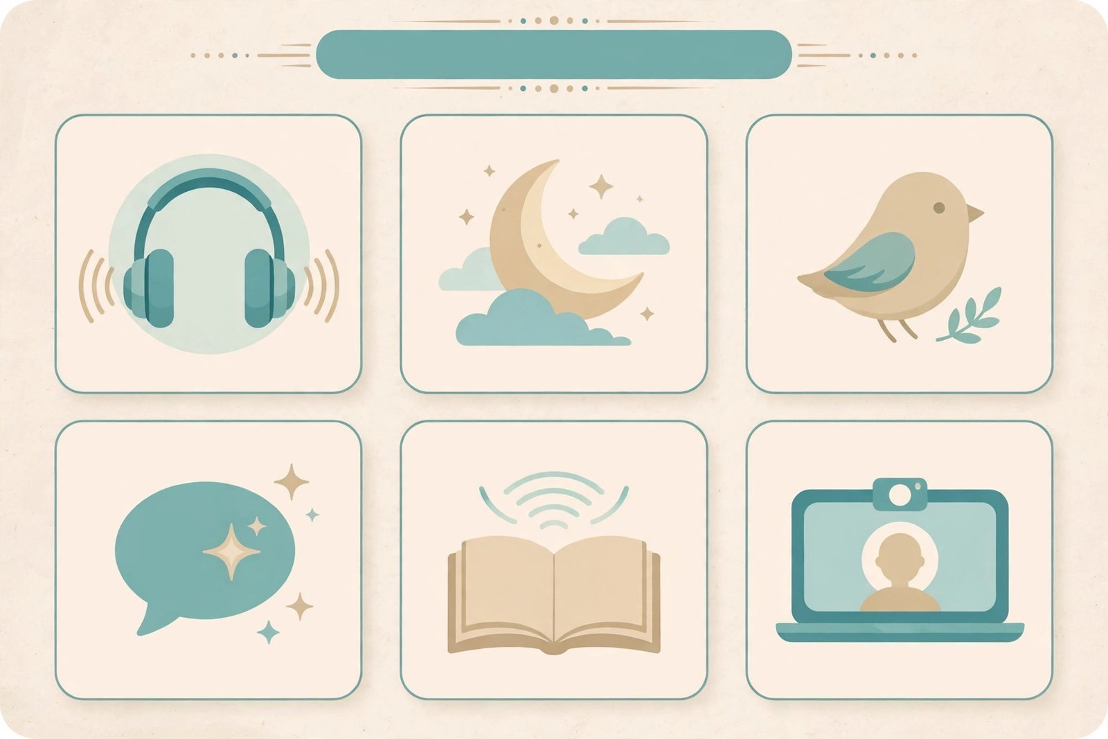 Infographic comparing six mental health app types: guided meditation, sleep stories, habit-building pet, AI chat companion, free meditation library, and licensed online therapy