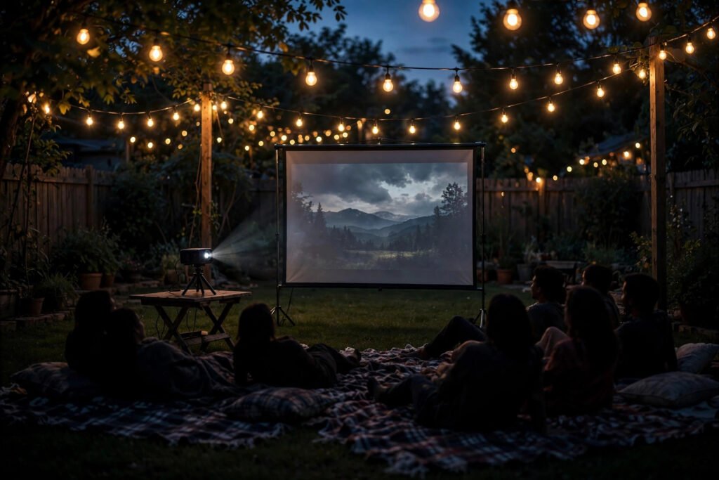 Portable projector casting a movie on a backyard screen with string lights