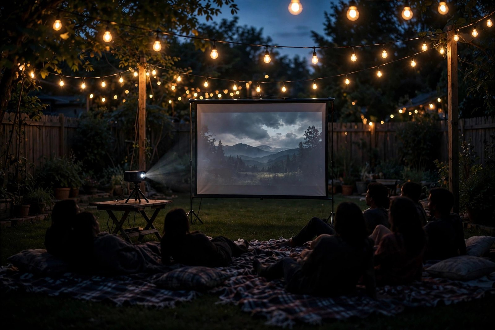 Portable projector casting a movie on a backyard screen with string lights