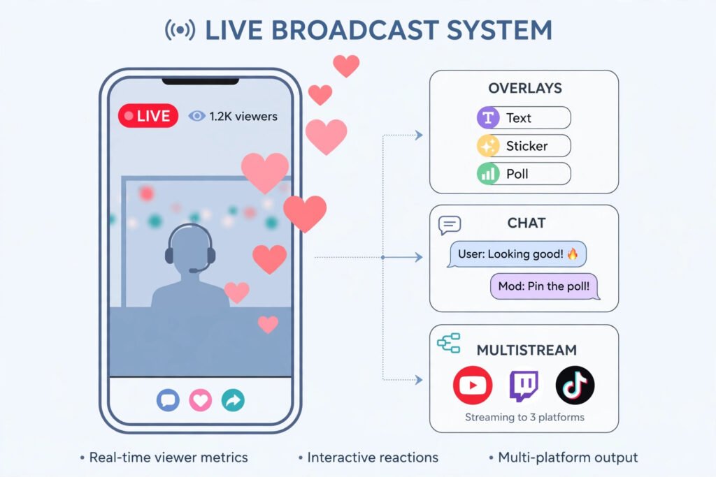 Smartphone showing a live broadcast with a LIVE badge, viewer count and floating heart reactions, beside app cards for overlays, chat and multistreaming