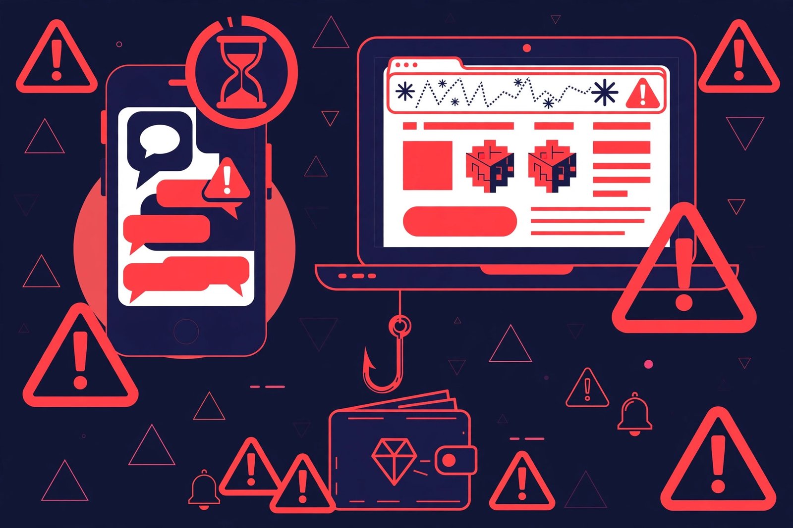 Illustration of NFT mint scam warning signs including suspicious direct messages, fake mint websites, and wallet phishing attempts
