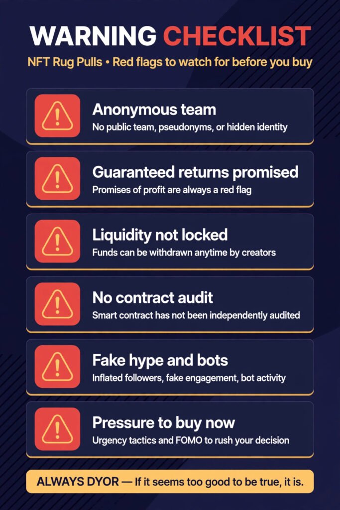 Checklist of NFT rug pull warning signs: anonymous team, guaranteed returns, unlocked liquidity, no audit, fake hype, pressure to buy now