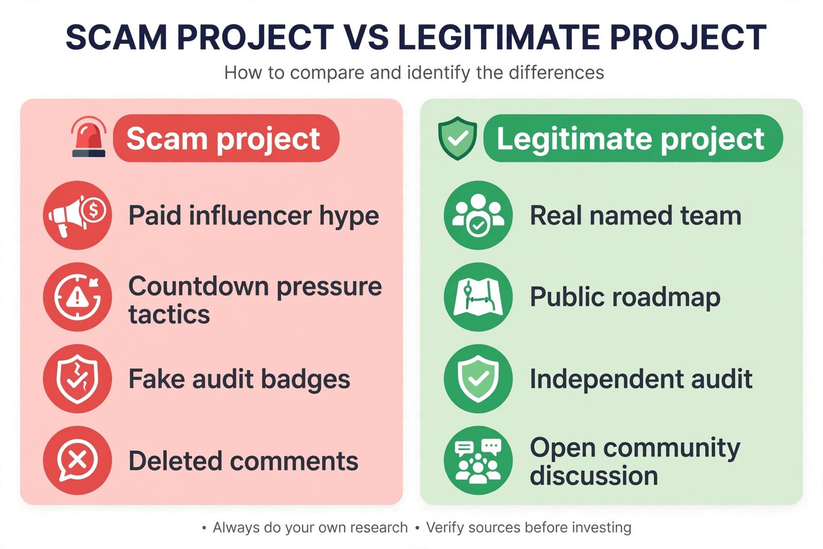 Comparison of scam project tactics versus legitimate project traits: paid hype versus real team, pressure tactics versus public roadmap