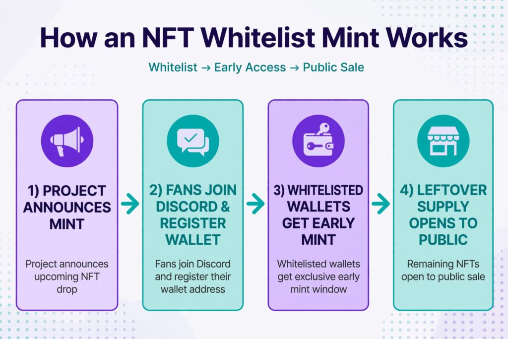 Diagram of how an NFT whitelist mint works, from project announcement through whitelist registration to the early mint window and public sale