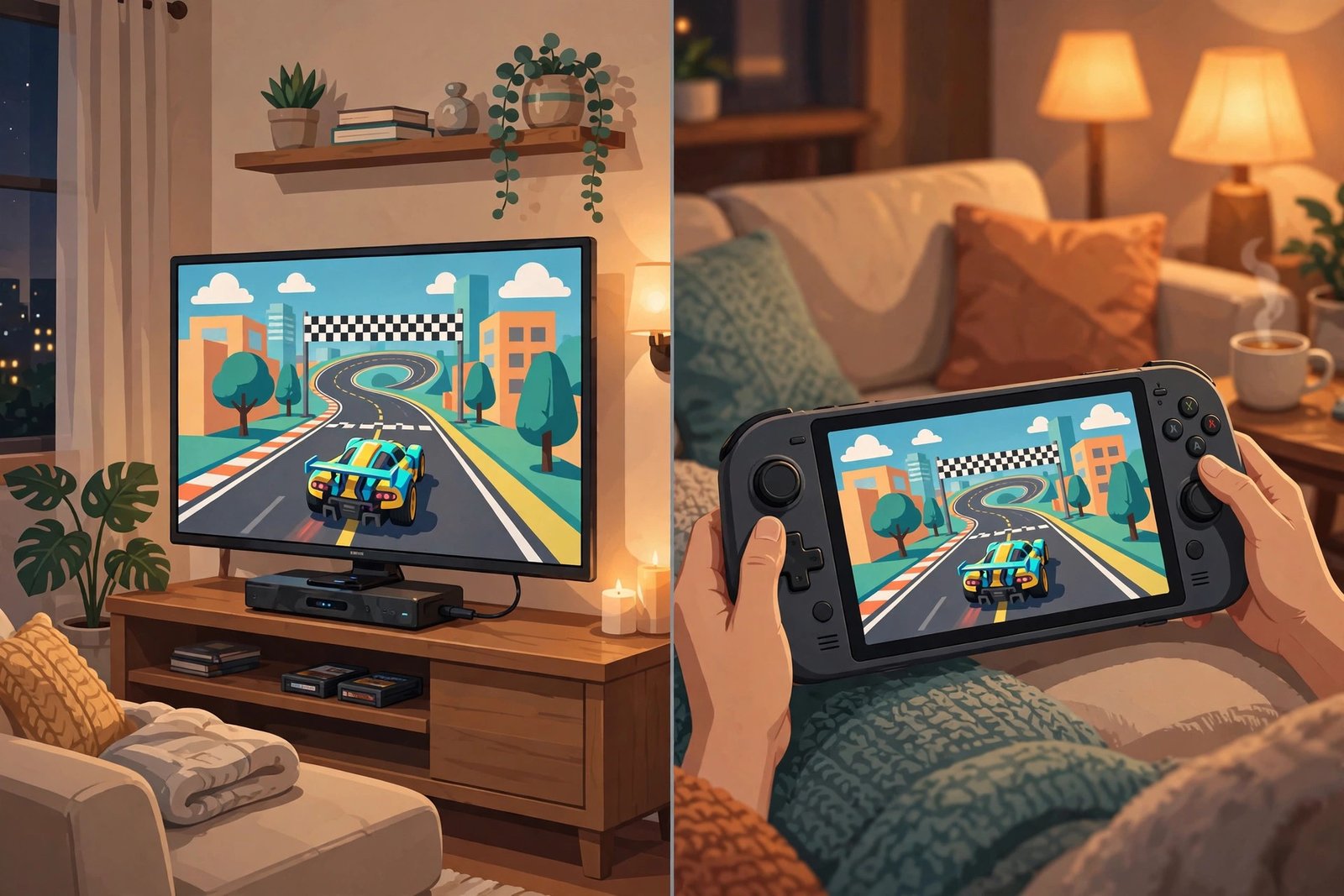 Side by side illustration of the Nintendo Switch 2 docked to a TV and used as a handheld