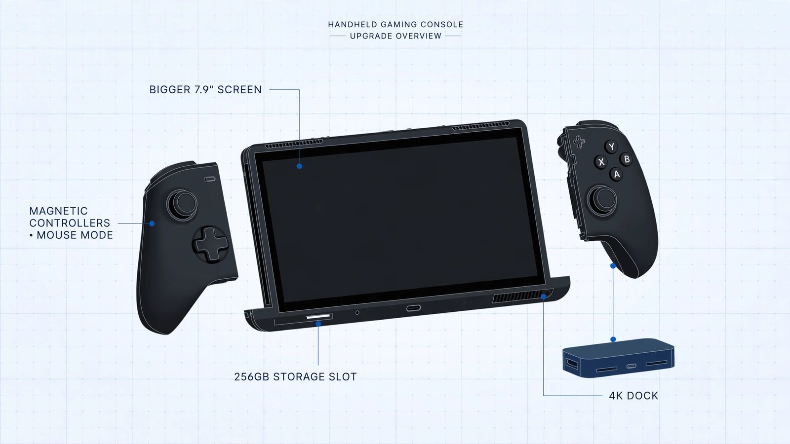 Callout diagram highlighting the Nintendo Switch 2 hardware upgrades over the original Switch