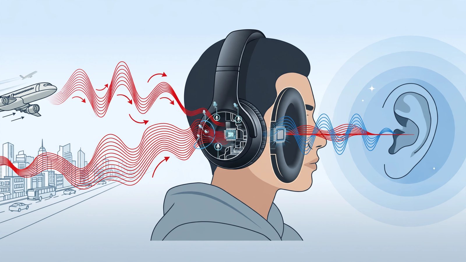 Illustration showing how active noise cancellation works, with ambient noise waves being cancelled by inverse waves around over-ear headphones