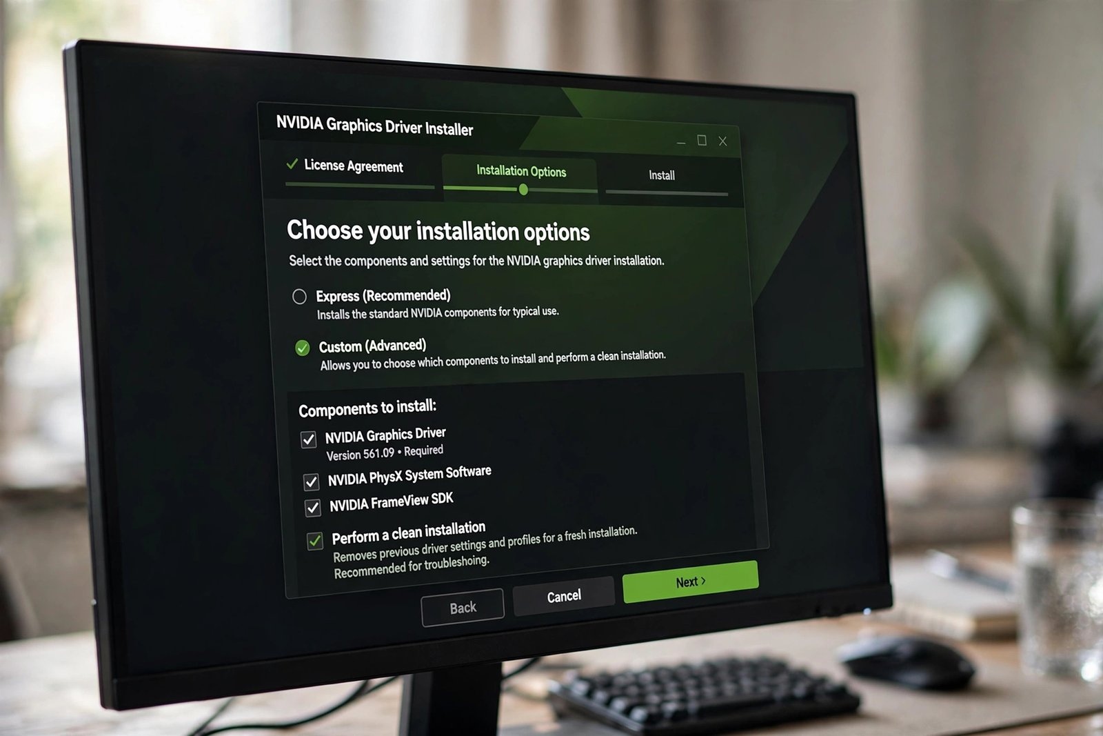 NVIDIA driver installer on the Custom installation screen with the clean installation checkbox visible
