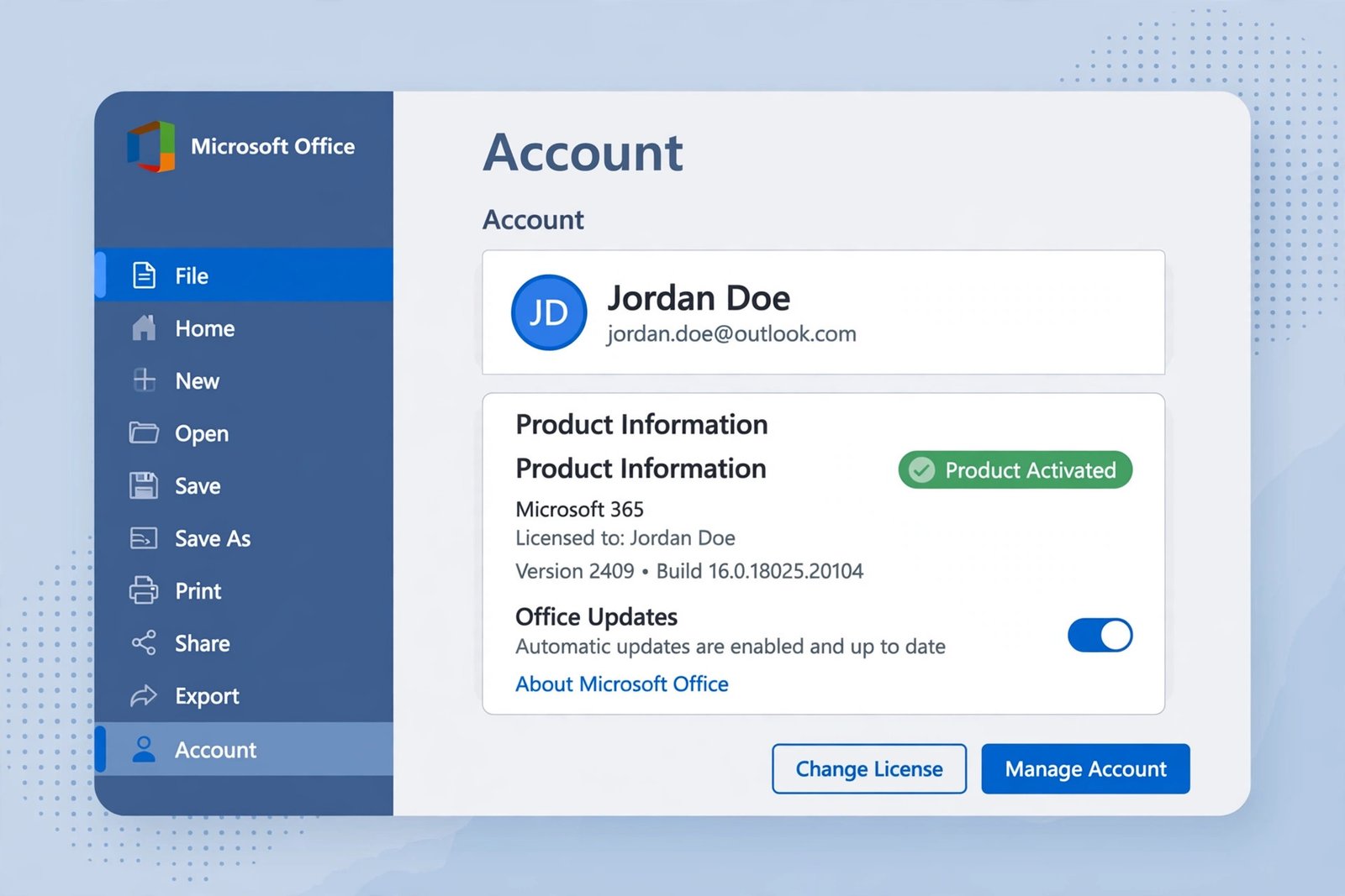 Illustration of the Microsoft Office account screen showing File menu, Account page, and Product Information panel with a Product Activated badge