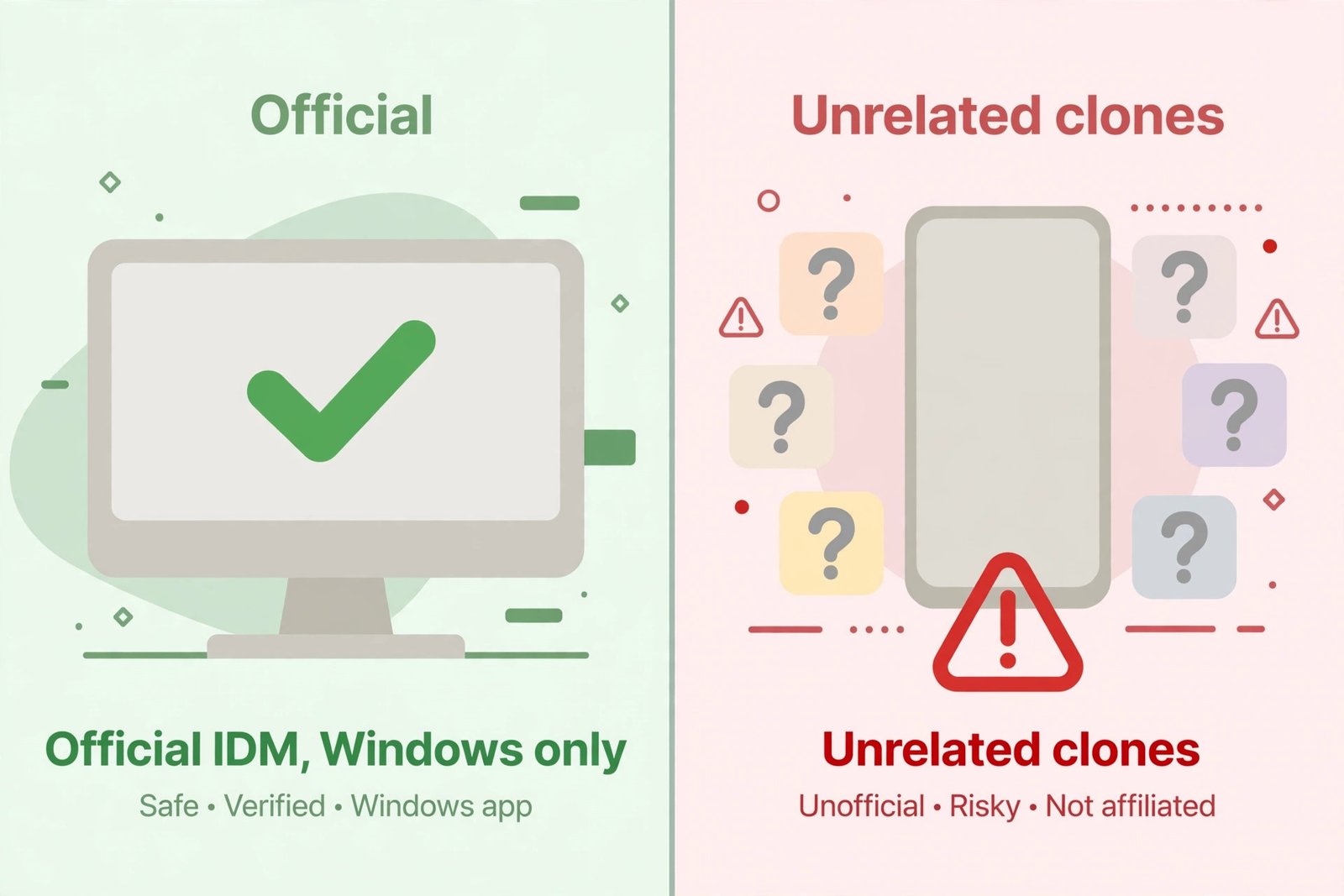 Illustration distinguishing the official Windows-only IDM from unofficial IDM-named Android clones