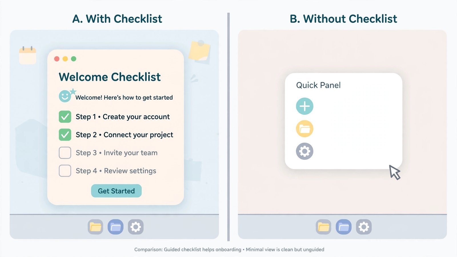 Illustrated comparison of a guided welcome app vs a bare desktop for new users