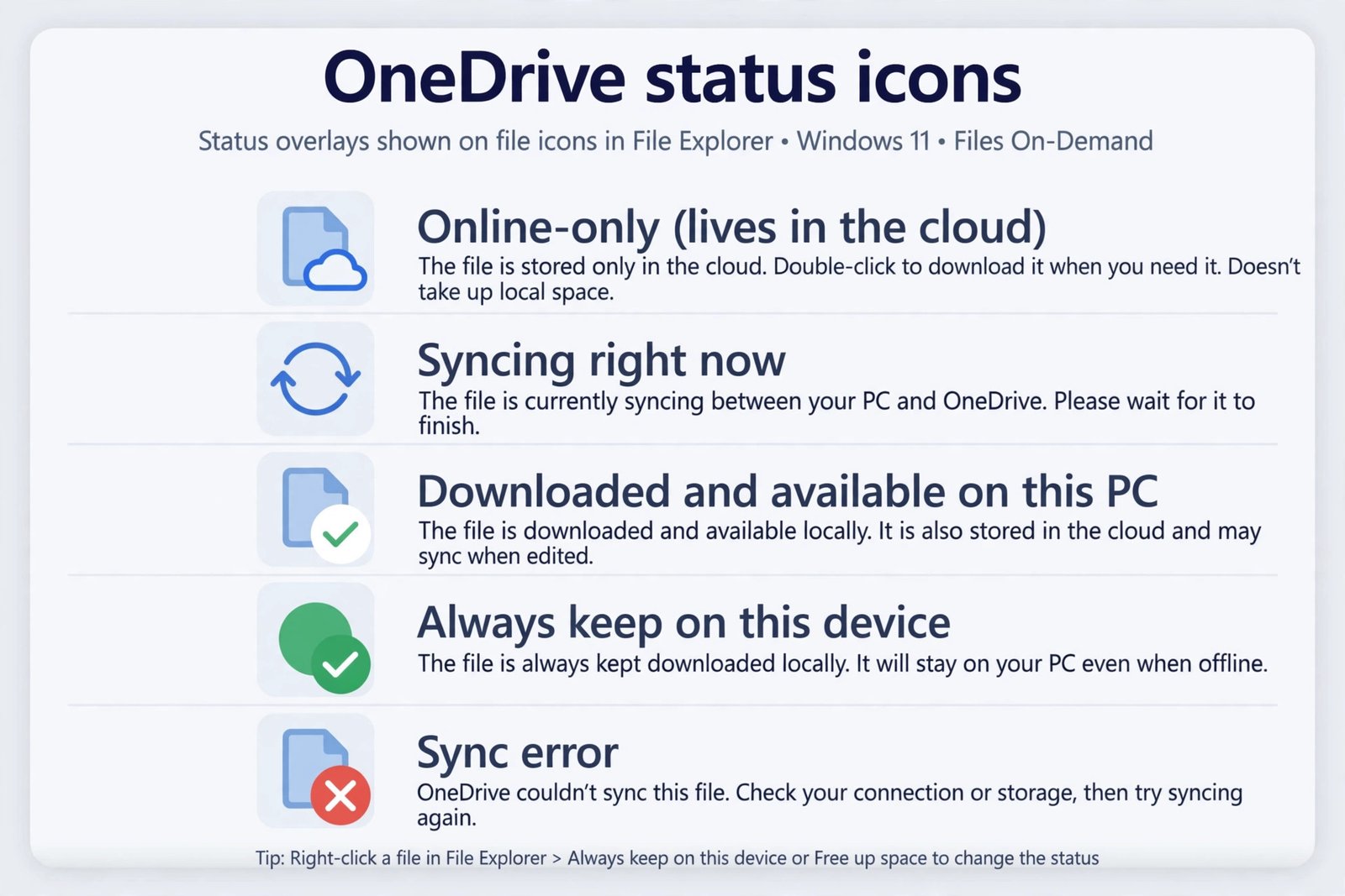 Diagram explaining the five OneDrive sync overlay icons in File Explorer: online-only cloud, syncing arrows, local check, always-kept check, and sync error