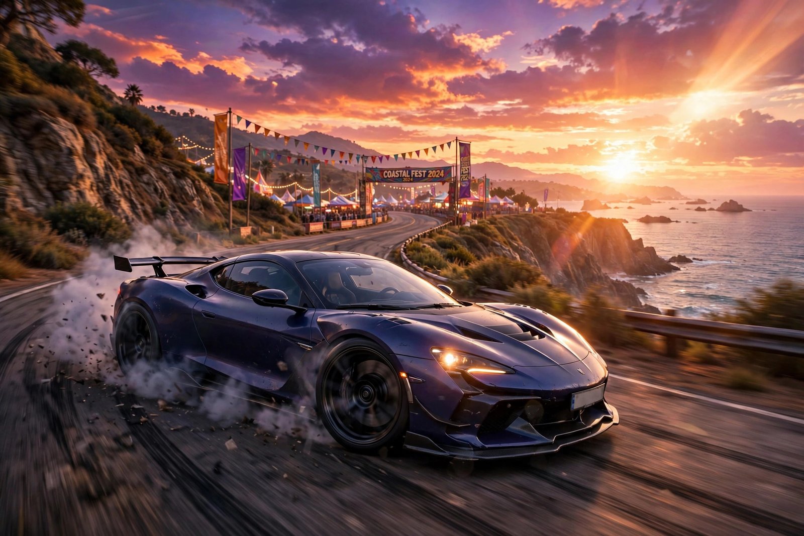 Sports car racing through an open-world landscape at sunset in a racing video game