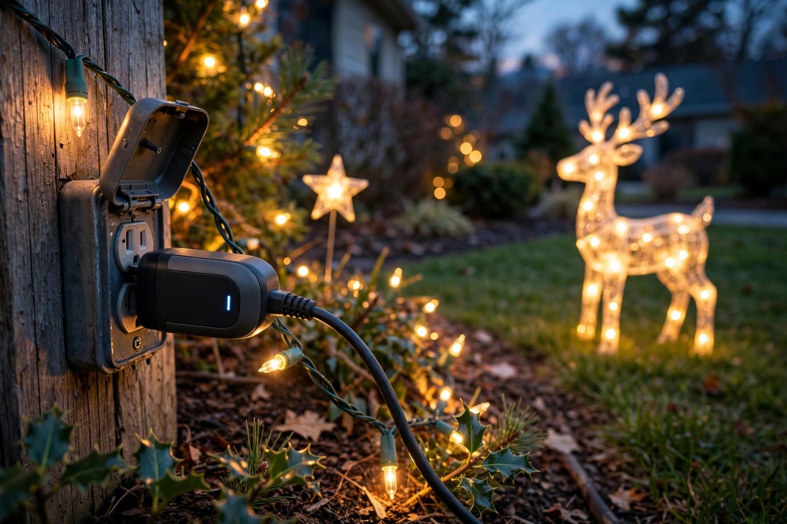 Weatherproof smart plug with glowing holiday lights and lawn decorations