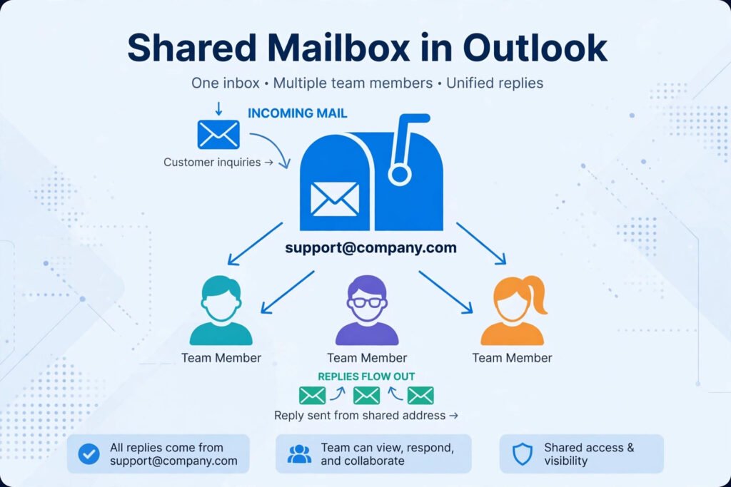 Diagram showing one shared mailbox address accessed by three team members with arrows for reading and replying