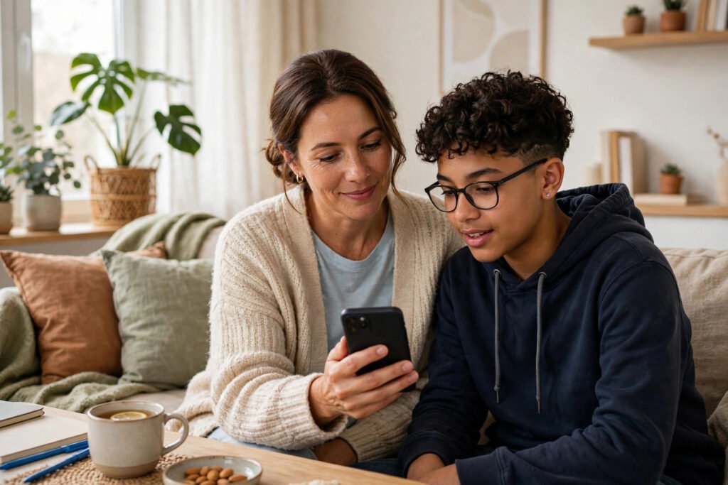 Parent and child sitting together looking at a smartphone during a conversation about online safety