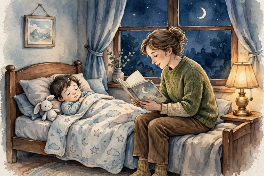 Parent reading a bedtime story to a child under warm lamplight