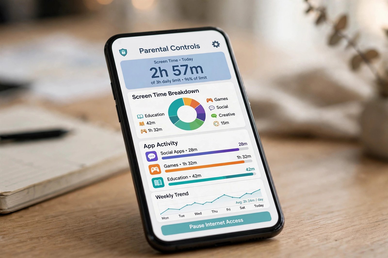 Smartphone showing a parental control dashboard with screen time and app activity charts