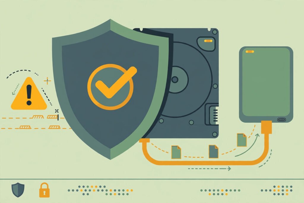 Hard drive protected by a shield while files back up to an external drive