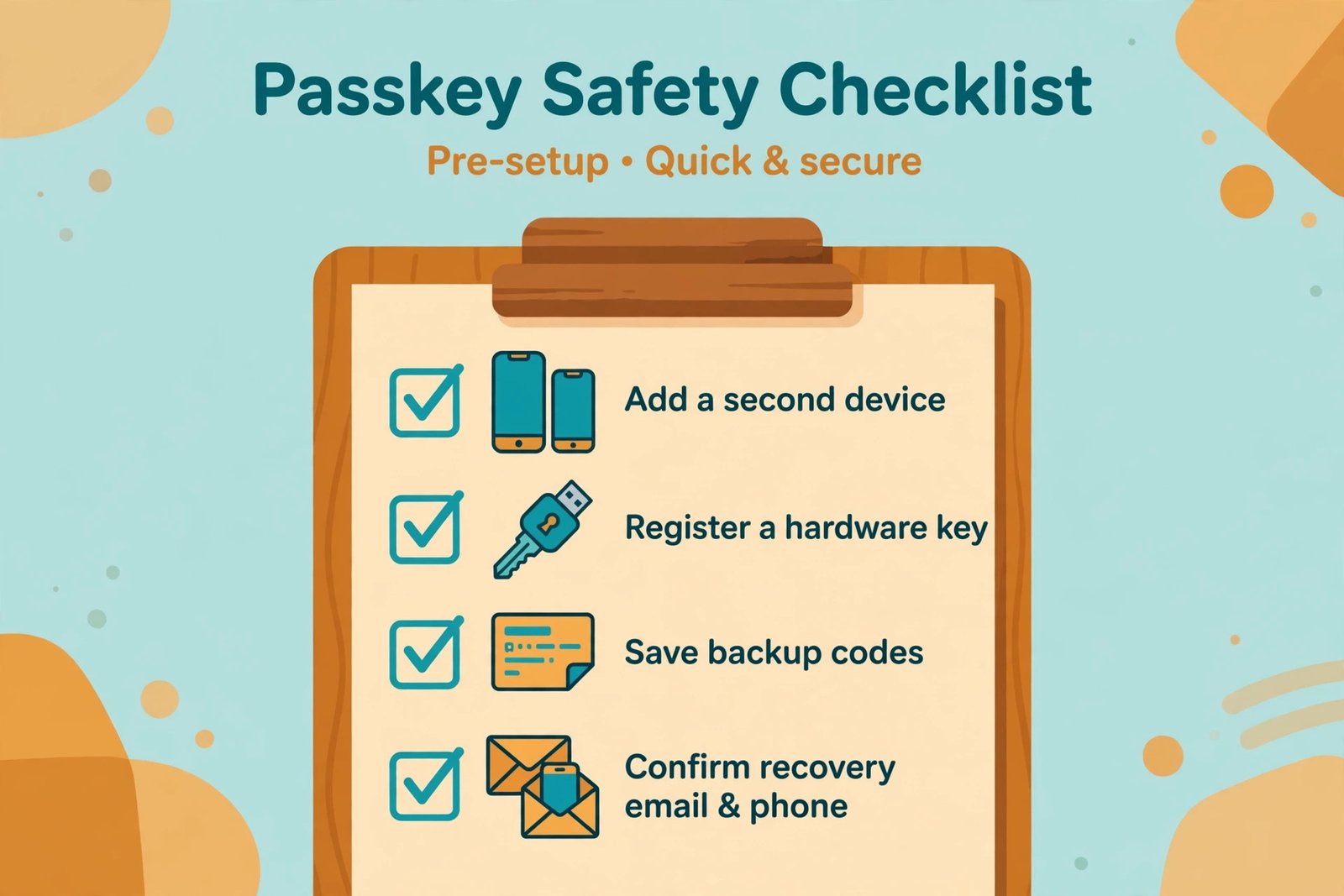 Illustrated checklist of passkey safety steps: add a second device, register a hardware key, save backup codes, confirm recovery email and phone