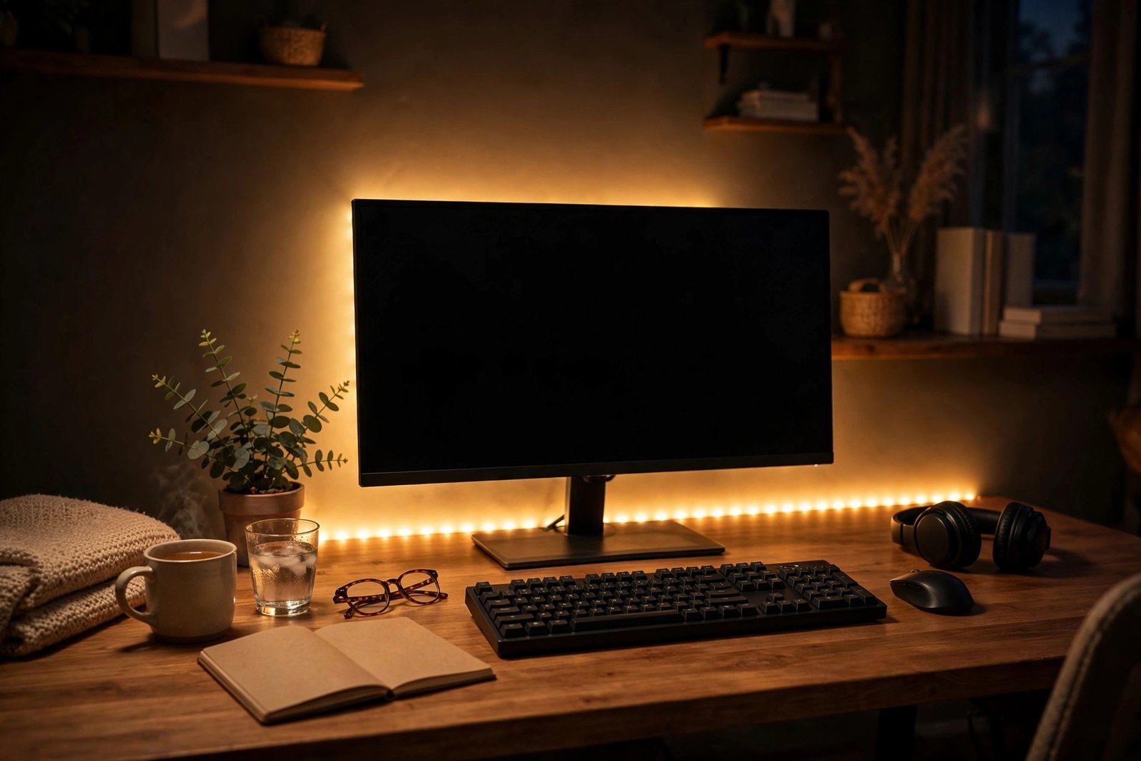 Desk setup with a warm LED light strip glowing behind a monitor