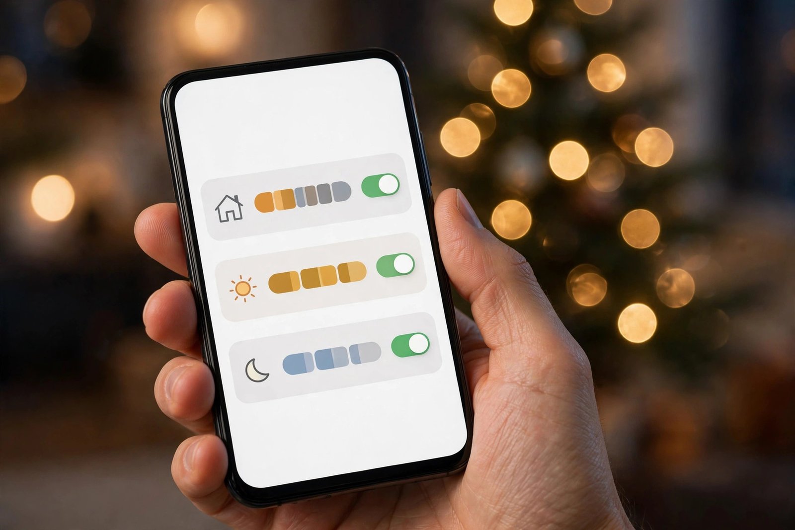 Hand holding a phone with a home automation schedule and a glowing Christmas tree behind it