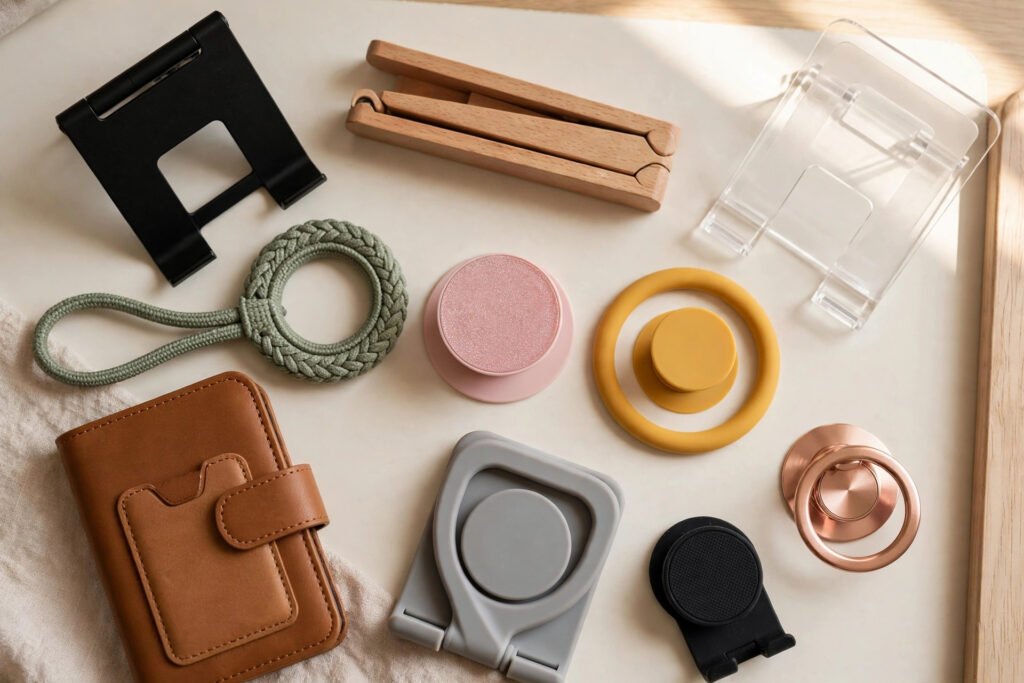 Assortment of phone grips and phone stands on a clean desk
