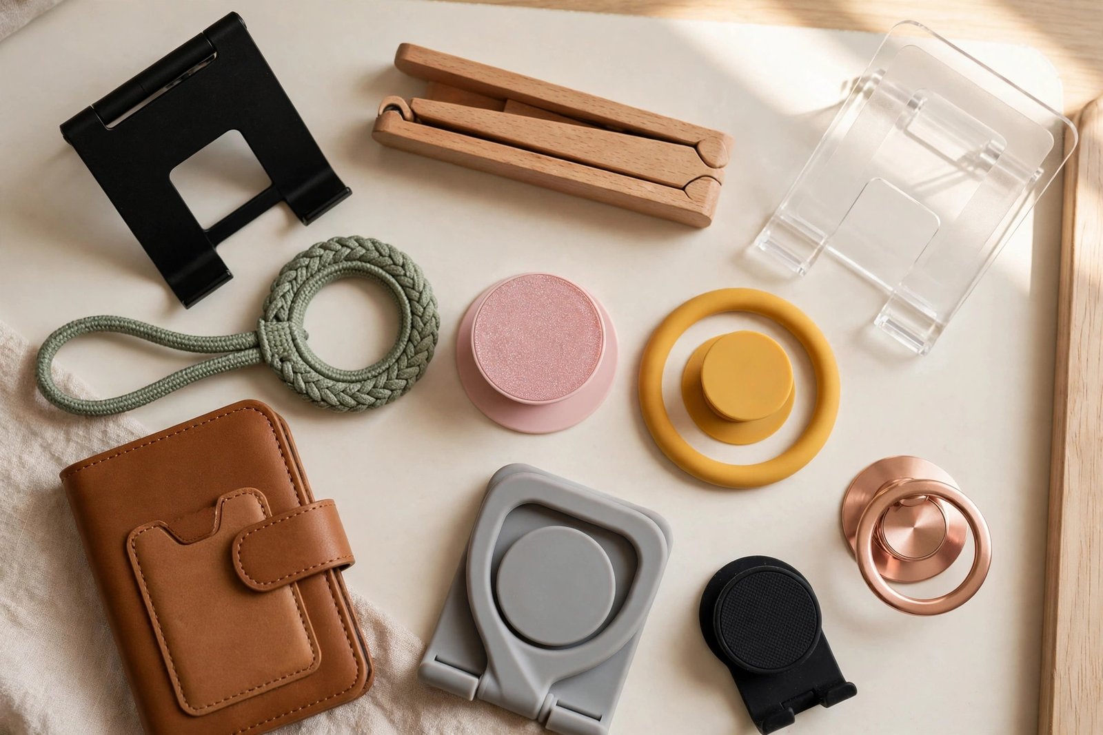 Assortment of phone grips and phone stands on a clean desk