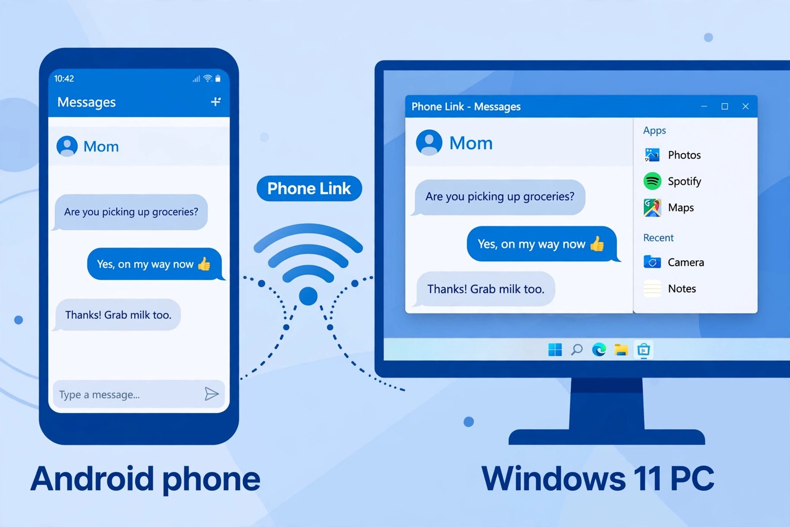 Illustration of Phone Link mirroring an Android phone's messaging app wirelessly to a Windows 11 PC desktop