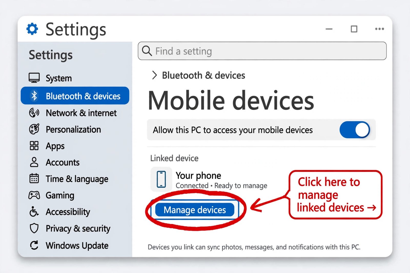 Diagram of the Mobile devices page in Windows 11 Settings with the Manage devices button highlighted
