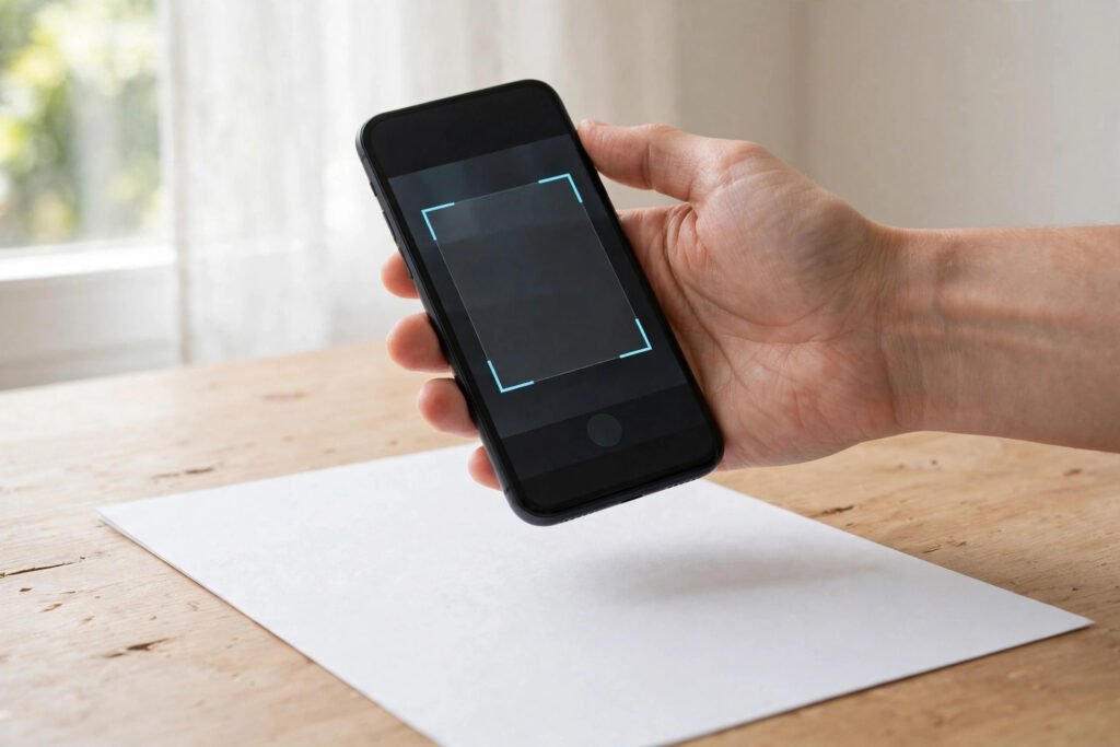 Smartphone scanning a paper document on a desk