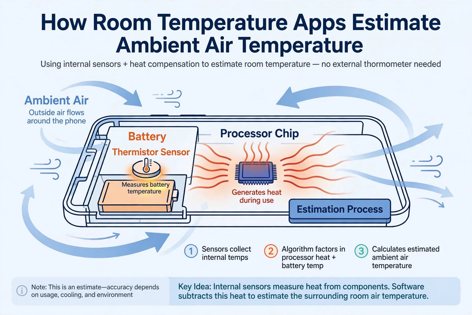 Cutaway diagram of a smartphone showing the battery thermistor sensor, heat from the processor chip, and ambient air flow around the phone