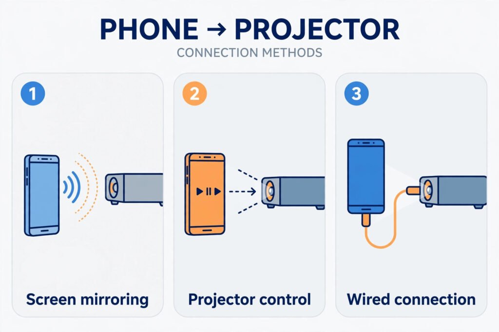 Infographic of the three real ways phone apps connect to projectors: mirroring, control apps, and cables