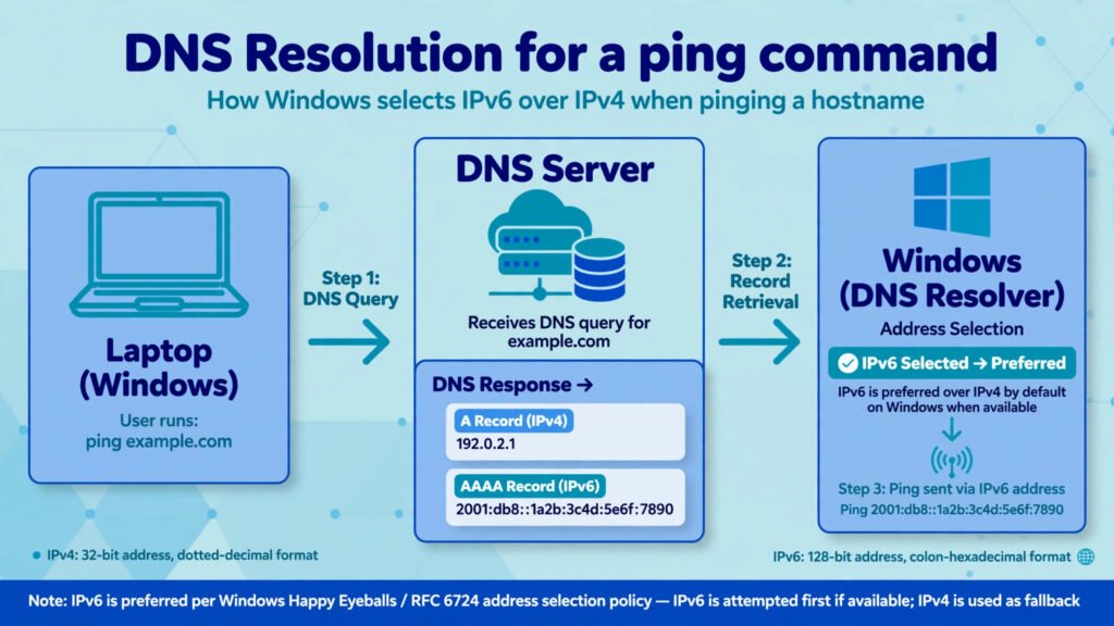 Diagram showing DNS returning both IPv4 and IPv6 addresses for a hostname, with Windows choosing the IPv6 address for ping