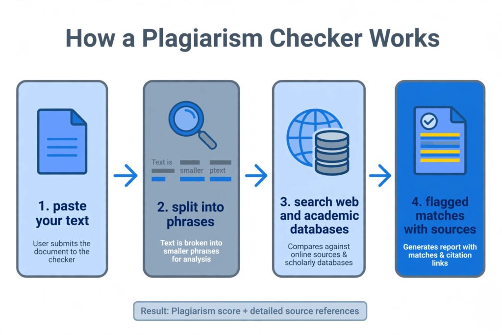 Flow diagram showing how a plagiarism checker splits text into phrases, searches web and academic databases, and highlights matching passages
