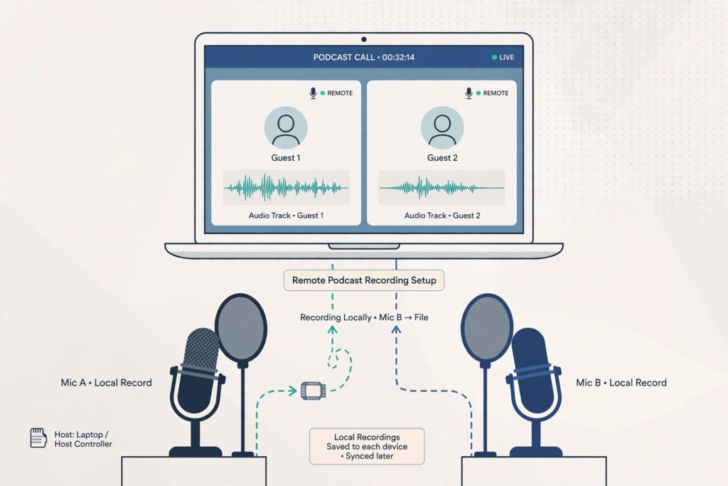 Illustration of a remote podcast recording setup with a laptop video call, microphones, waveform tracks, and local recording lines