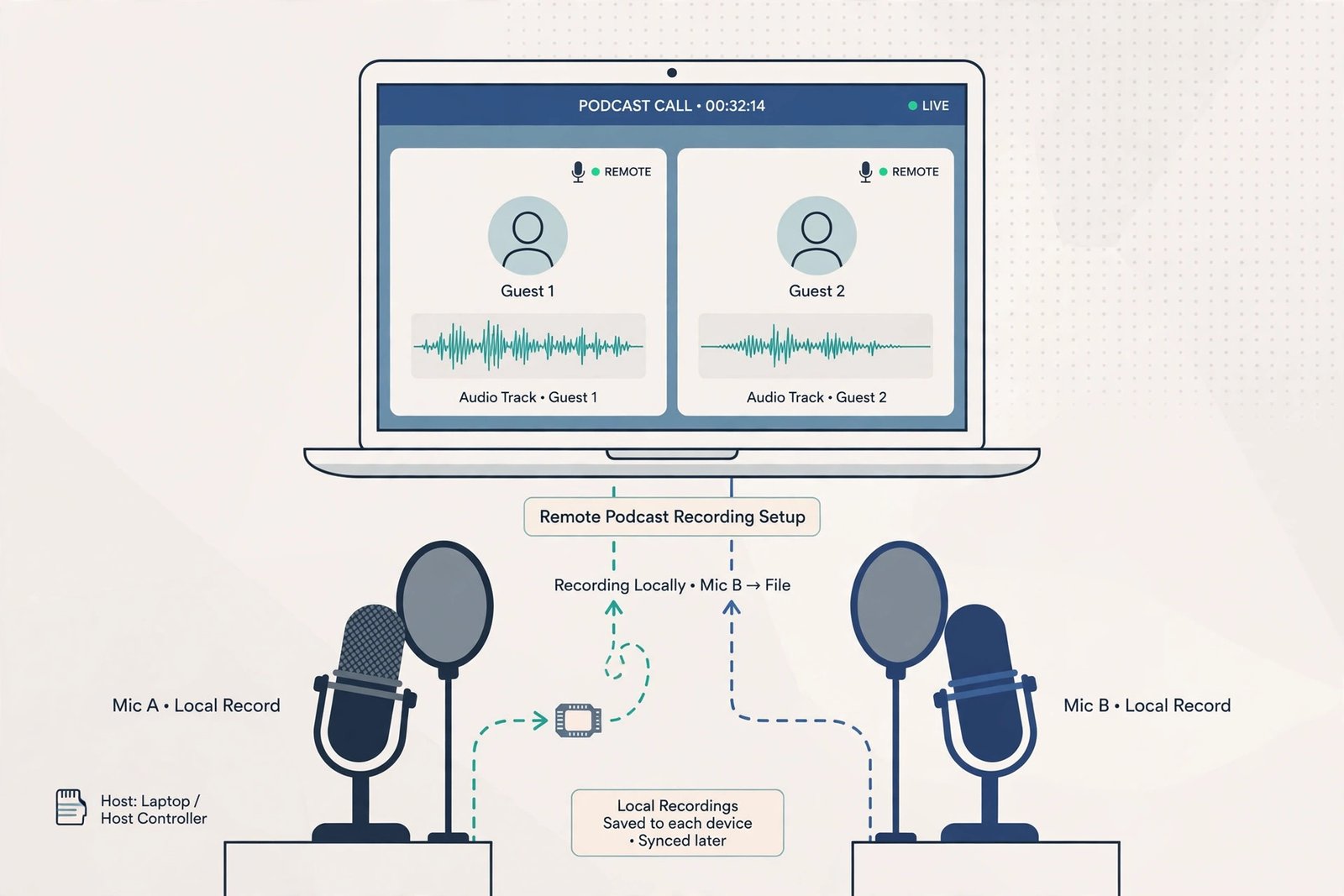 Illustration of a remote podcast recording setup with a laptop video call, microphones, waveform tracks, and local recording lines