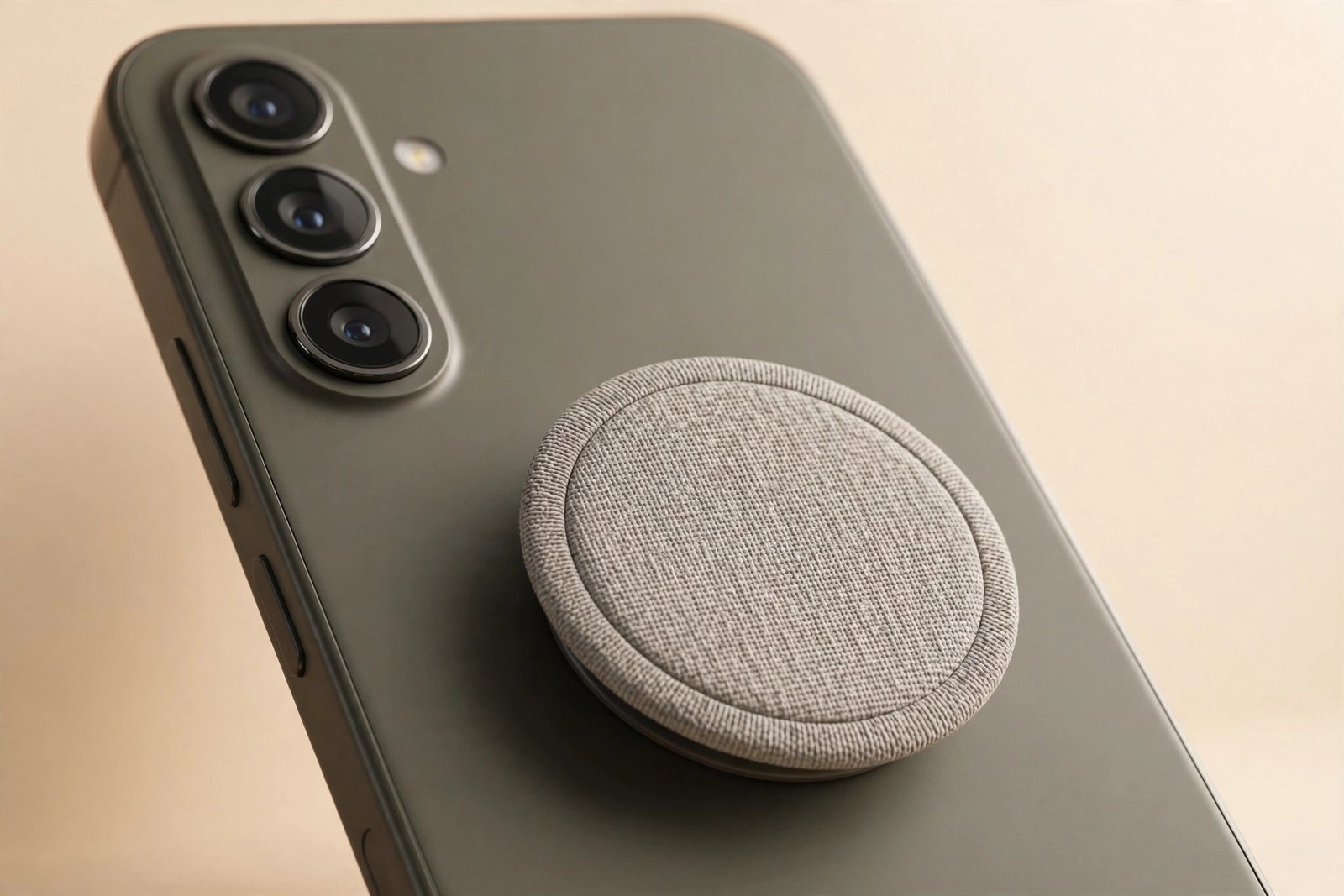 Round phone grip attached to the back of a smartphone