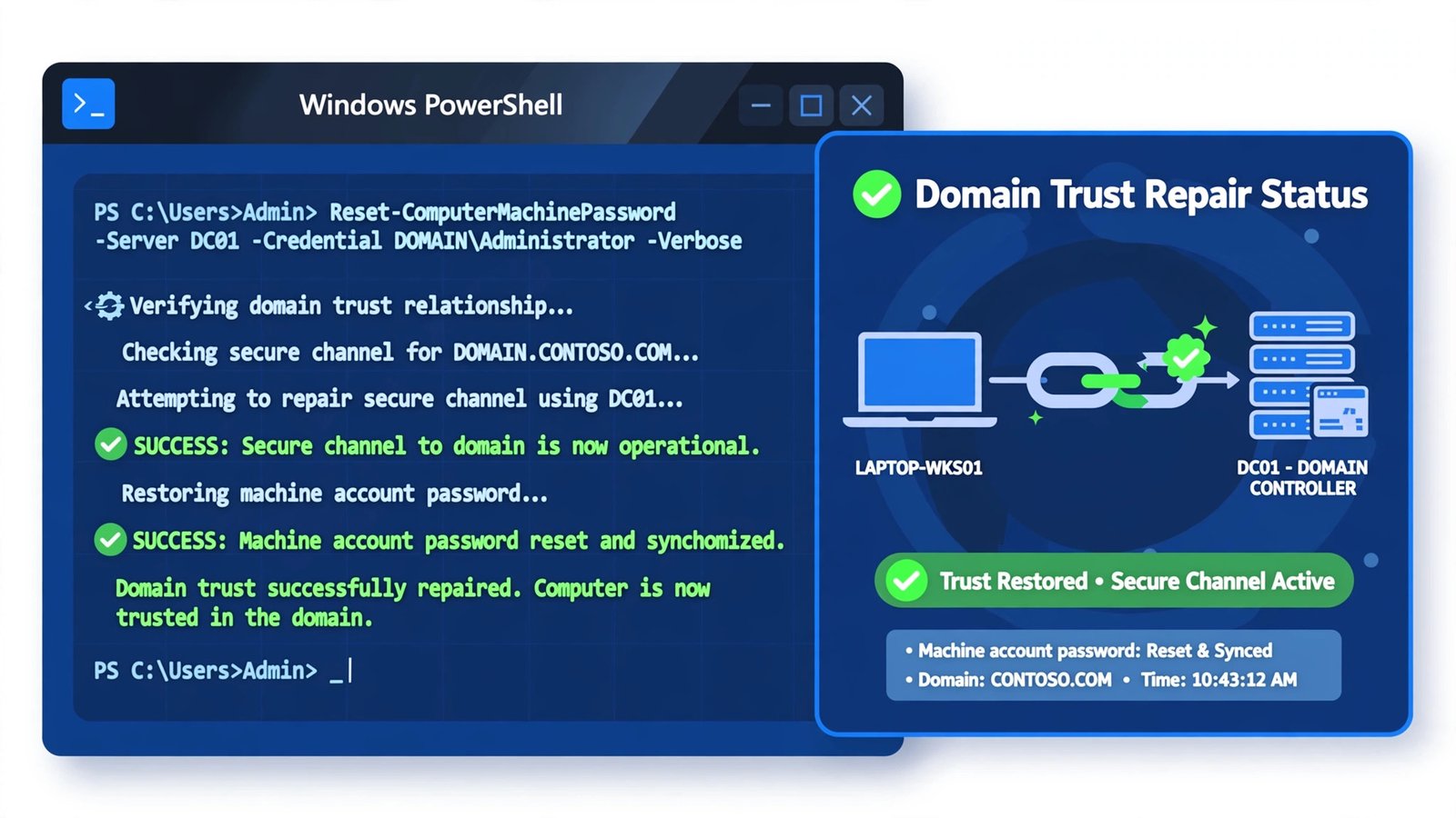 Illustration of the PowerShell Reset-ComputerMachinePassword command repairing the domain trust relationship