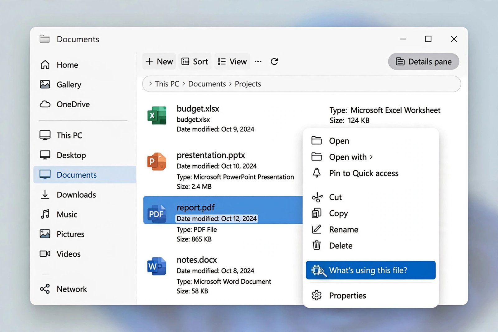 File Explorer right-click menu showing the What's using this file option from PowerToys File Locksmith
