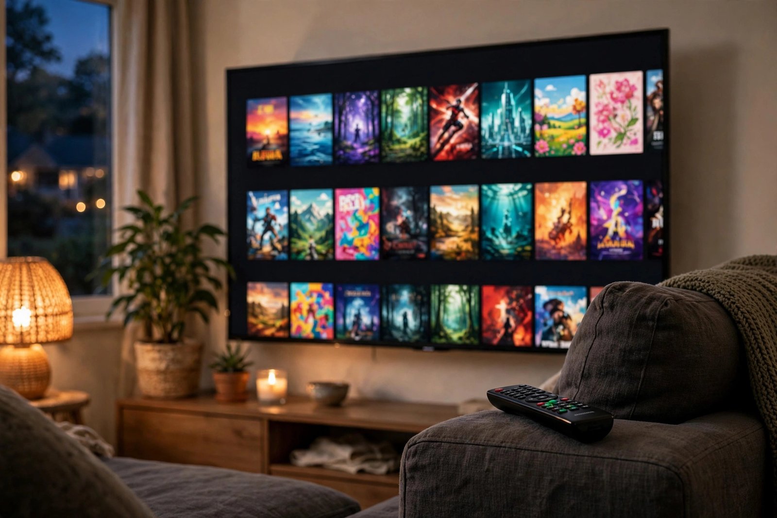 TV screen showing a streaming service movie browse interface with film posters