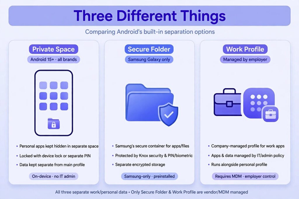 Illustrative diagram comparing three Android features: Private Space on Android 15 and later, Samsung Secure Folder, and a company-managed work profile