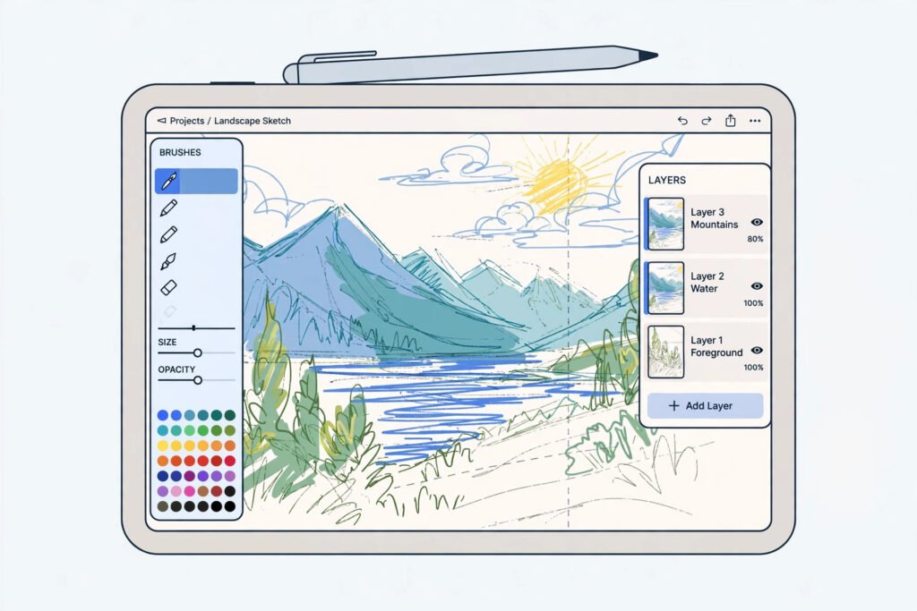 iPad showing a drawing app canvas with a half-finished colorful landscape sketch and a stylus resting on the screen