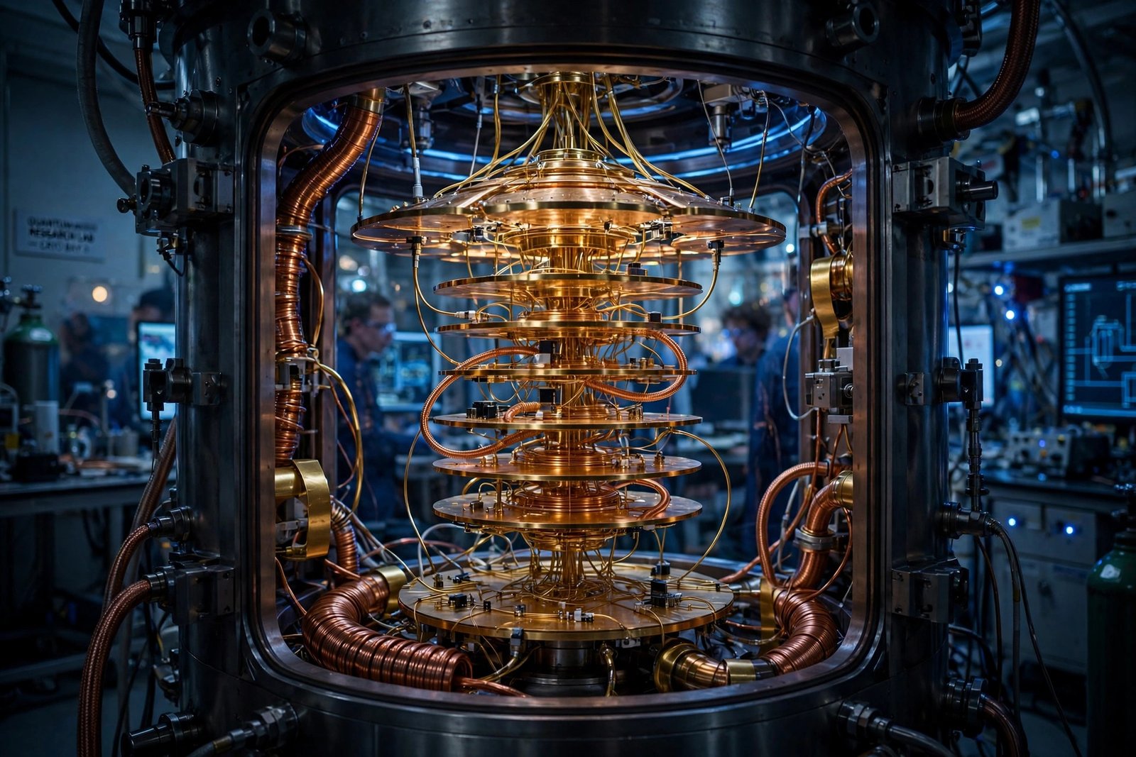 Quantum computer processor with gold-colored cryogenic chamber in a research lab