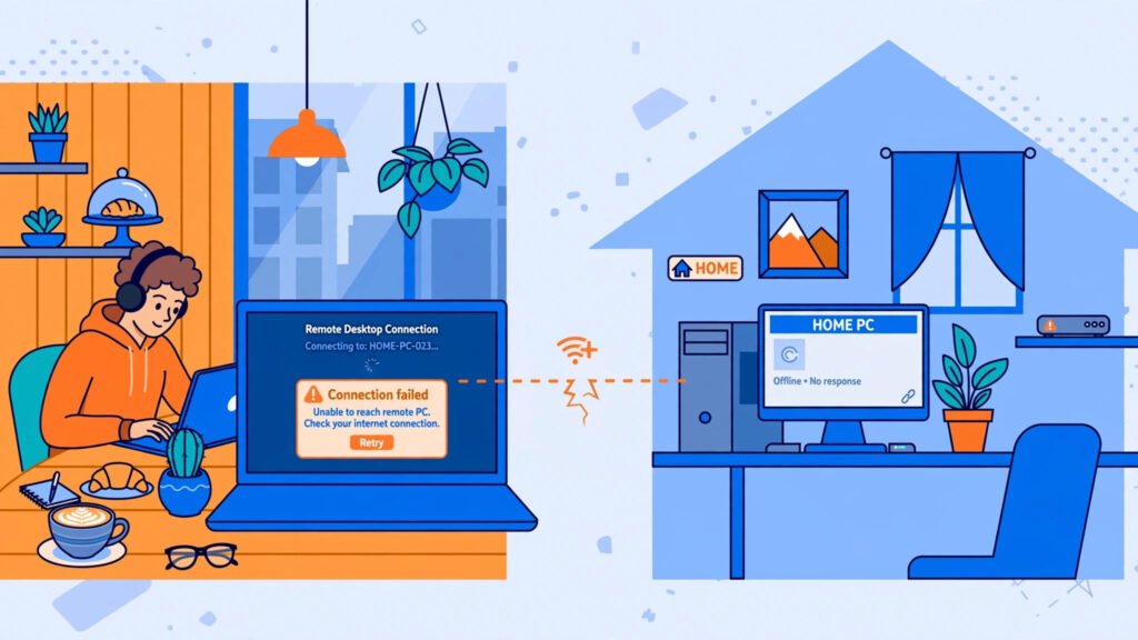 Illustration of a person with a laptop failing to connect via Remote Desktop to a home PC showing the connection error