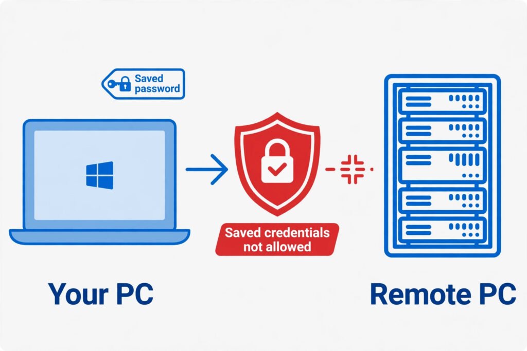 Diagram showing how Windows blocks saved RDP credentials when credential delegation policy is not enabled