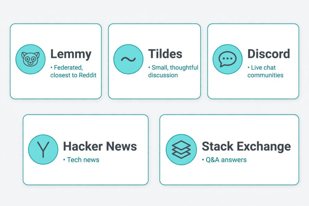 Comparison graphic of five Reddit alternatives: Lemmy, Tildes, Discord, Hacker News, and Stack Exchange